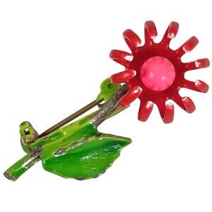 VTG 1950s Brooch Red Enameled Flower Mid Century Kitsch Glass Pin
